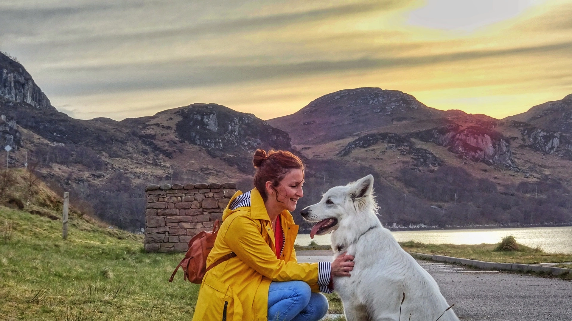 Berger blanc suisse et sa maitresse devant les monts