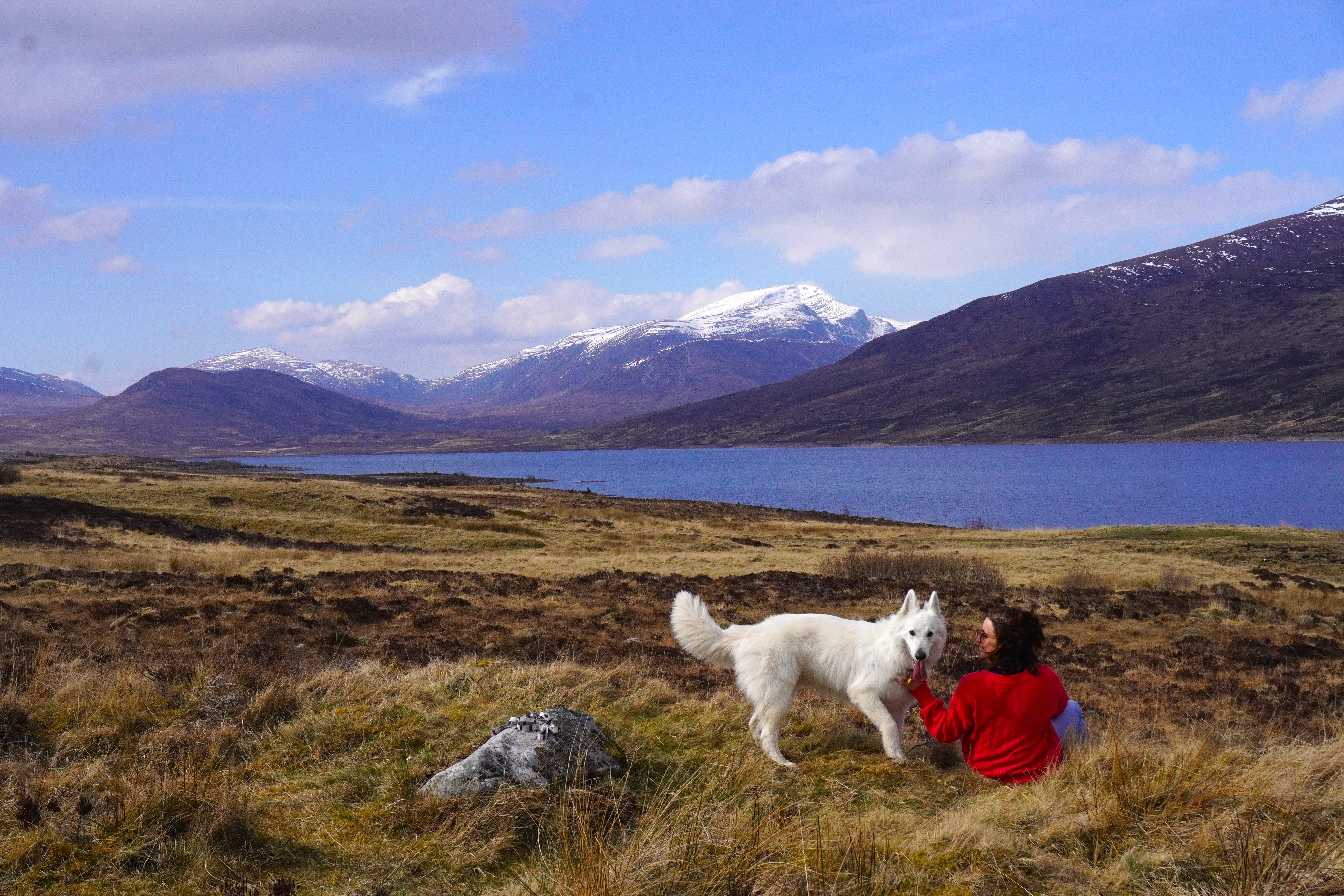 Stéphanie Goupille et son chien Pokki devant un jolie paysage pendant un voyage