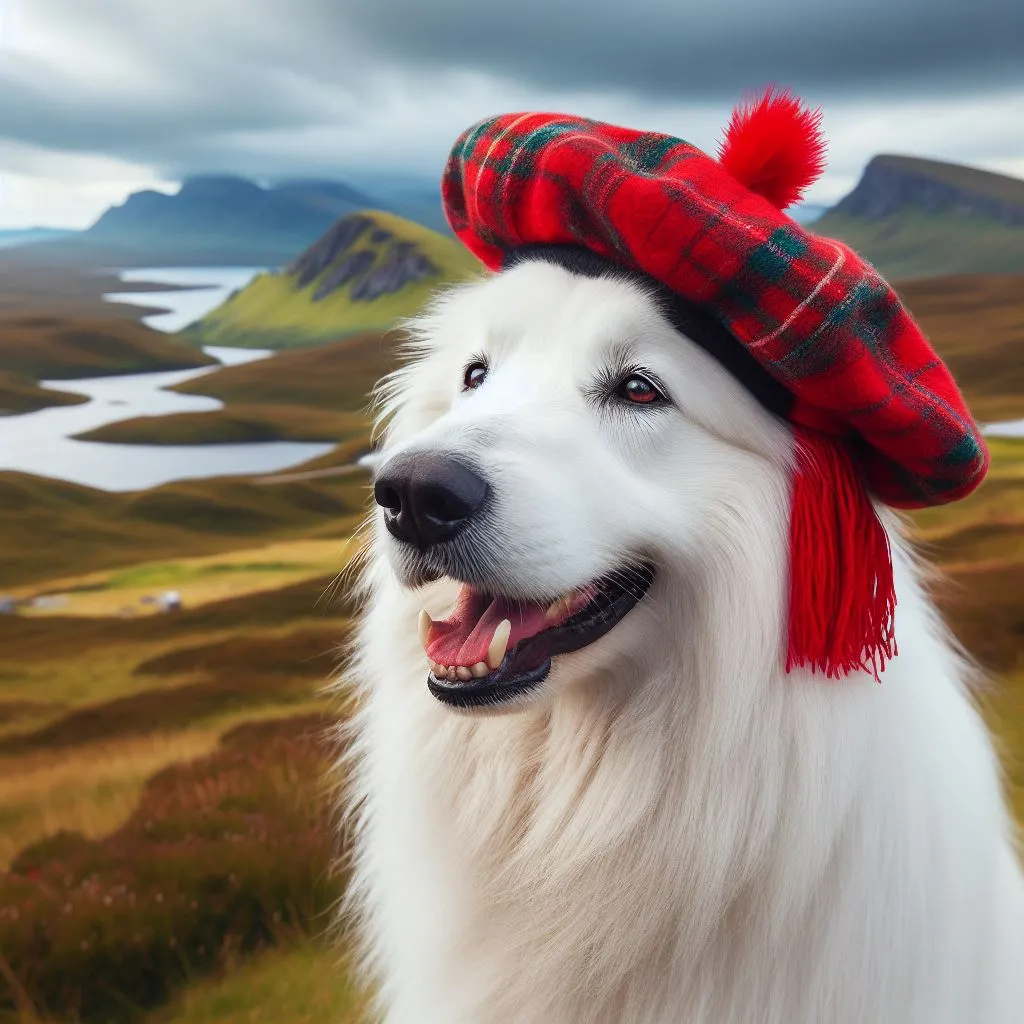 Berger blanc suisse avec un bonnet pompom d'Ecosse